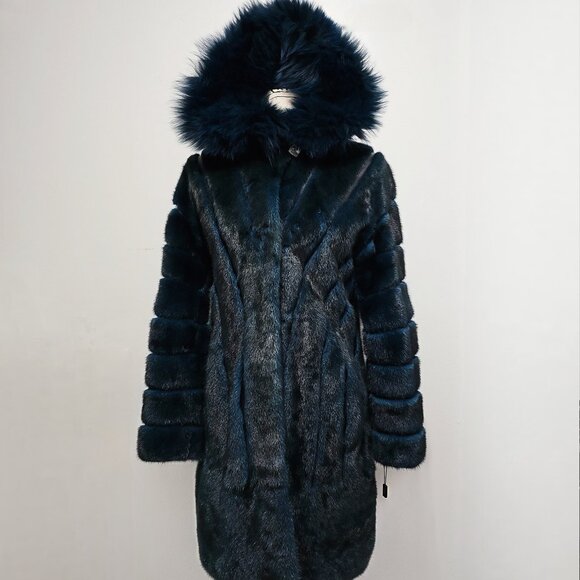 Amazing Teal Greenish Blue Stripe Paneled Mink Fur Coat Jacket Hooded Fox Collar